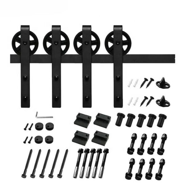 Four-Hanger Sliding Barn Door Track Kit with Spoked Wheels Four-Hanger Sliding Barn Door Track Kit with Spoked Wheels