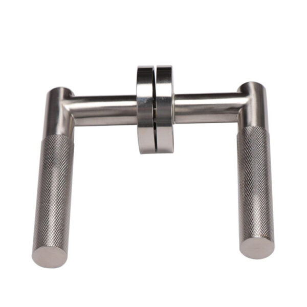 Right-Angle Knurled Lever Door Handle Set on Round Rose Right-Angle Knurled Lever Door Handle Set on Round Rose