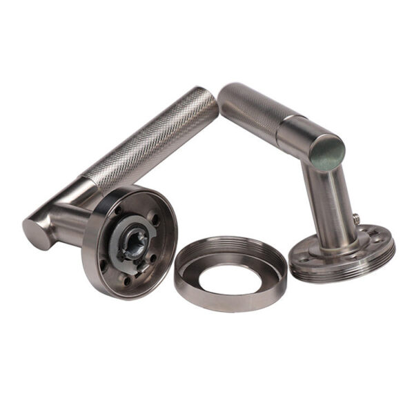 Right-Angle Knurled Lever Door Handle Set on Round Rose Right-Angle Knurled Lever Door Handle Set on Round Rose